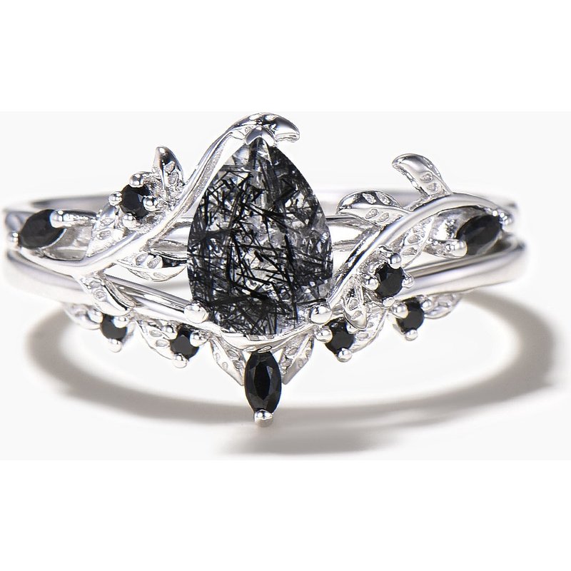 Teardrop Cut Natural Black Rutilated Quartz Nature Inspired Ring Black Bridal Set — Stackable Rings