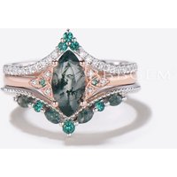 3pc Marquise Cut Natural Moss Agate Celtic Knot Diamond Ring Bridal Set — Stackable Rings