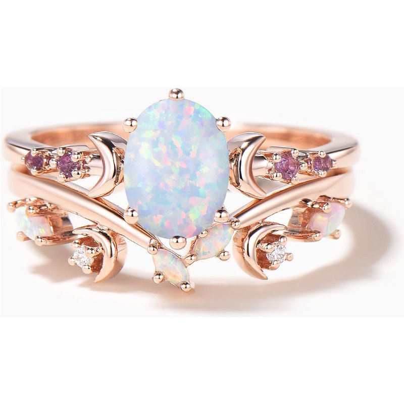Oval Cut White Opal Engagement Ring Crescent Moon Wedding Bridal Set — Engagement Rings