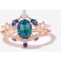 Oval Cut Black Opal Engagement Ring Leaf Nature Inspired Bridal Set