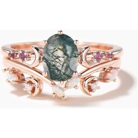 Oval Cut Natural Moss Agate Amethyst Crescent Moon Bridal Ring — Stackable Rings