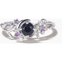 Round Galaxy Blue Sandstone Amethyst Moon Leaf Engagement Ring — Engagement Rings