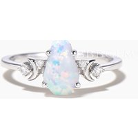 Coffin Cut White Fire Opal Diamond Moon Engagement Ring