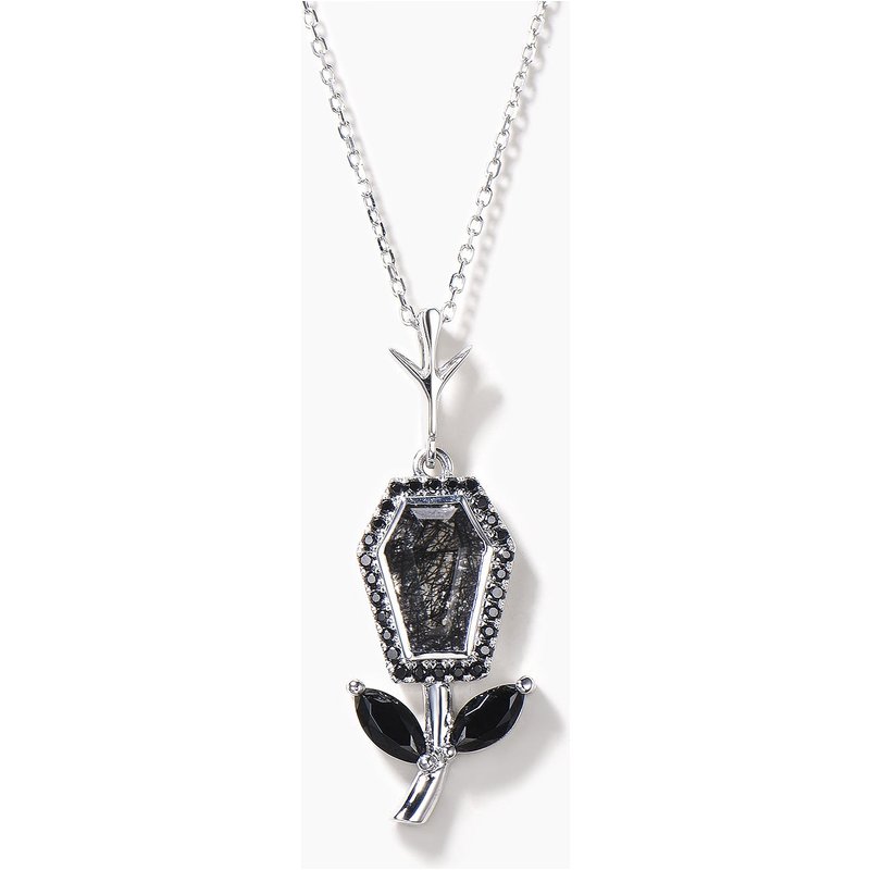 Pendentif en Quartz Rutilé Noir en Coupe Coffin avec Détails Floraux — Collier pendentif