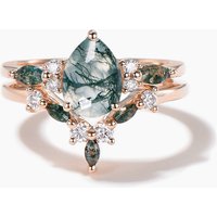 Bague de Mariage en Agate Mousse Naturelle en Or Rose 14k avec Diamants