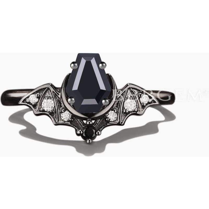 Coffin Natural Black Onyx Diamond Gothic Black Bat Engagement Ring — Engagement Rings