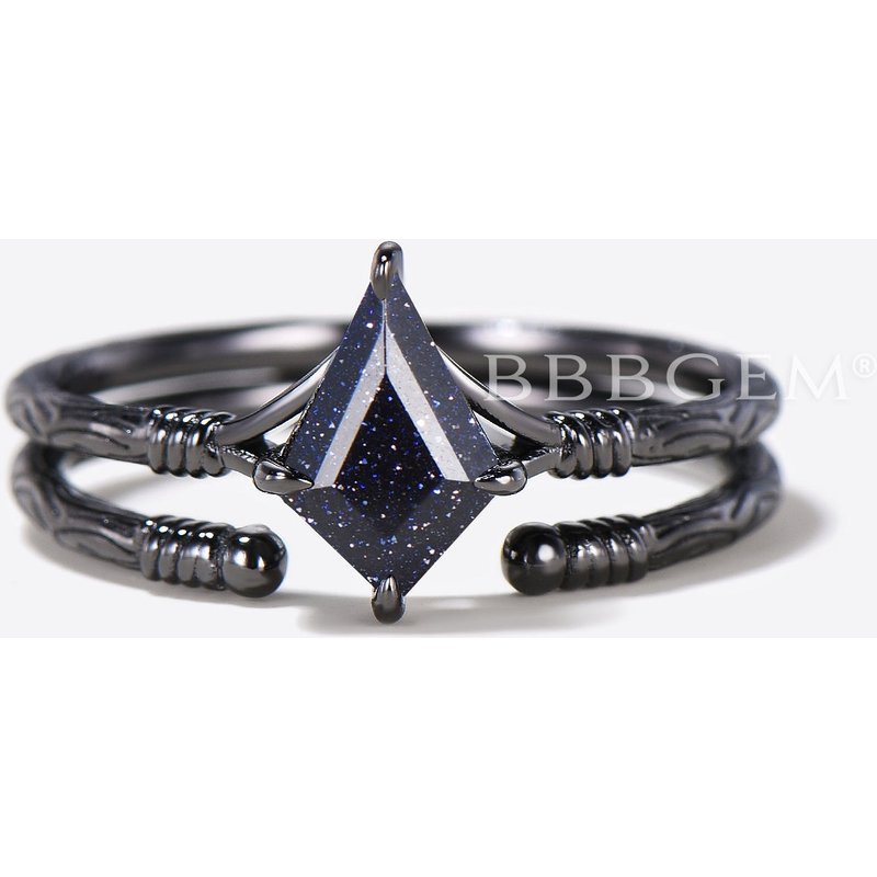 Kite Cut Blue Sandstone Engagement Ring Open Cuff Solitaire Bridal Set — Engagement Rings