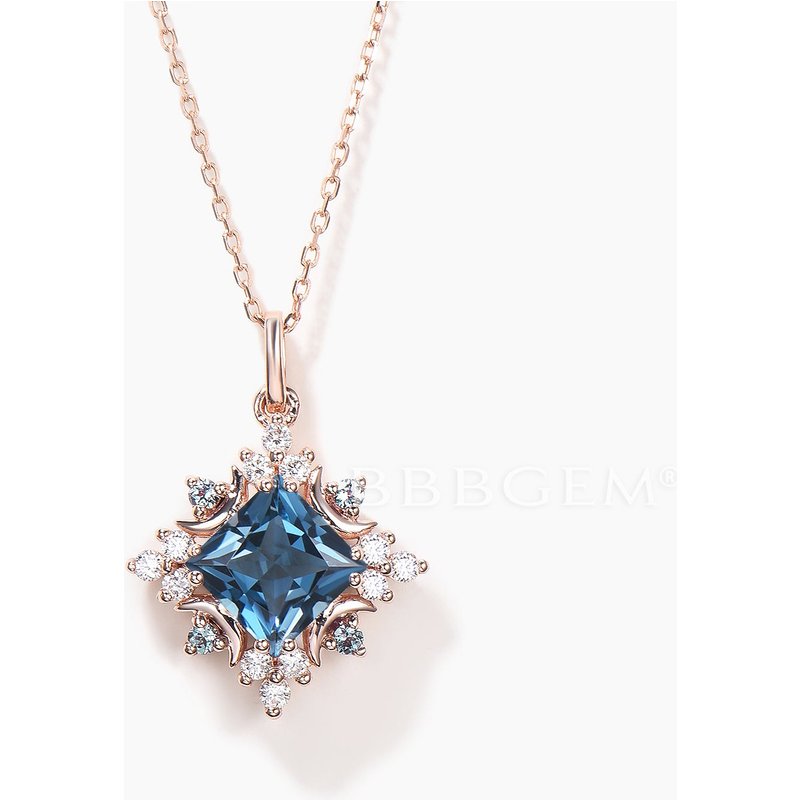 BBBGEM Collier en Topaze Bleue de Londres Taille Princesse Design Lune Céleste — Collier Argent Femme