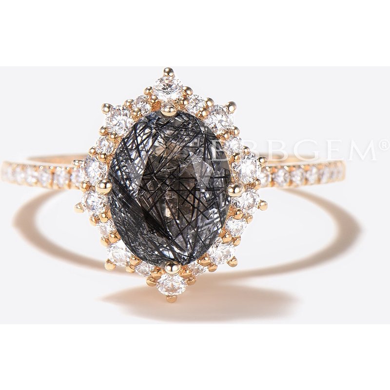 Oval Cut Natural Black Rutilated Quartz Halo Diamond Engagement Ring — Engagement Rings