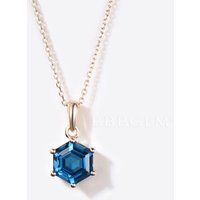 Hexagon Cut London Blue Topaz Solitaire Pendant Minimalist Necklace