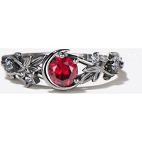 Bague de mariage gothique en feuille noire avec rubis et alexandrite