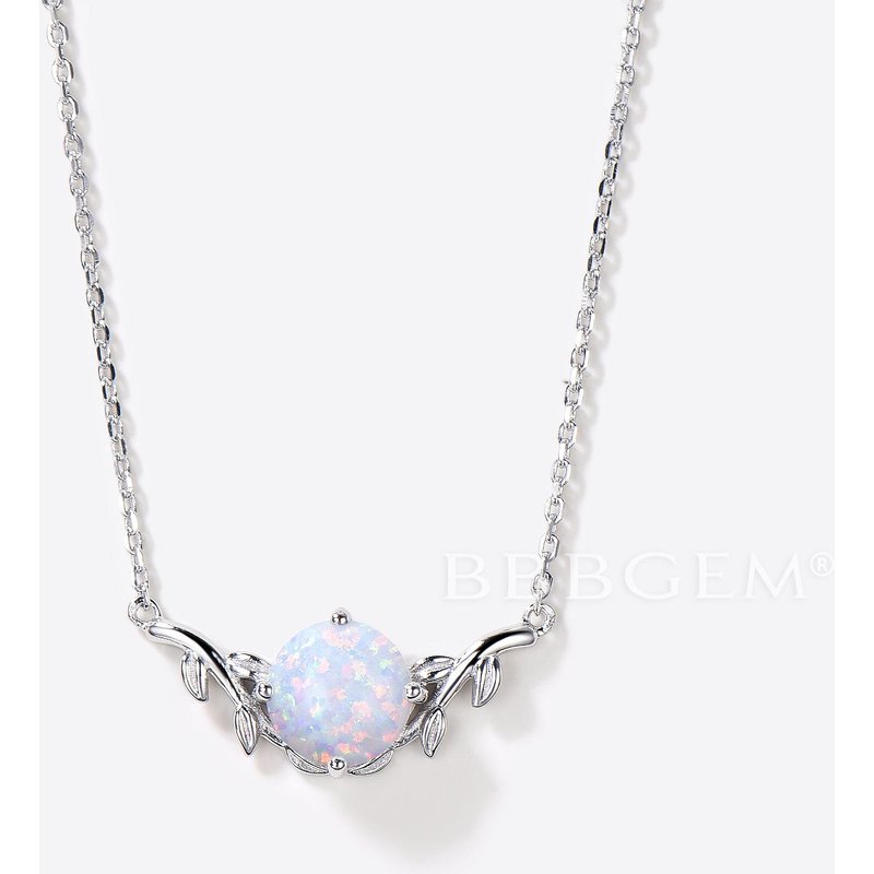 Round Cut White Opal Pendant Leaf Nature Inspired Solitaire Necklace — Pendant Necklace