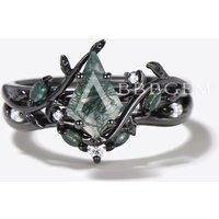 Kite Cut Natural Moss Agate Engagement Ring Leaf Nature Inspired Bridal Set
