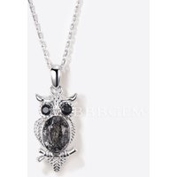 Oval Cut Natural Black Rutilated Quartz Pendant Owl Three Stone Necklace