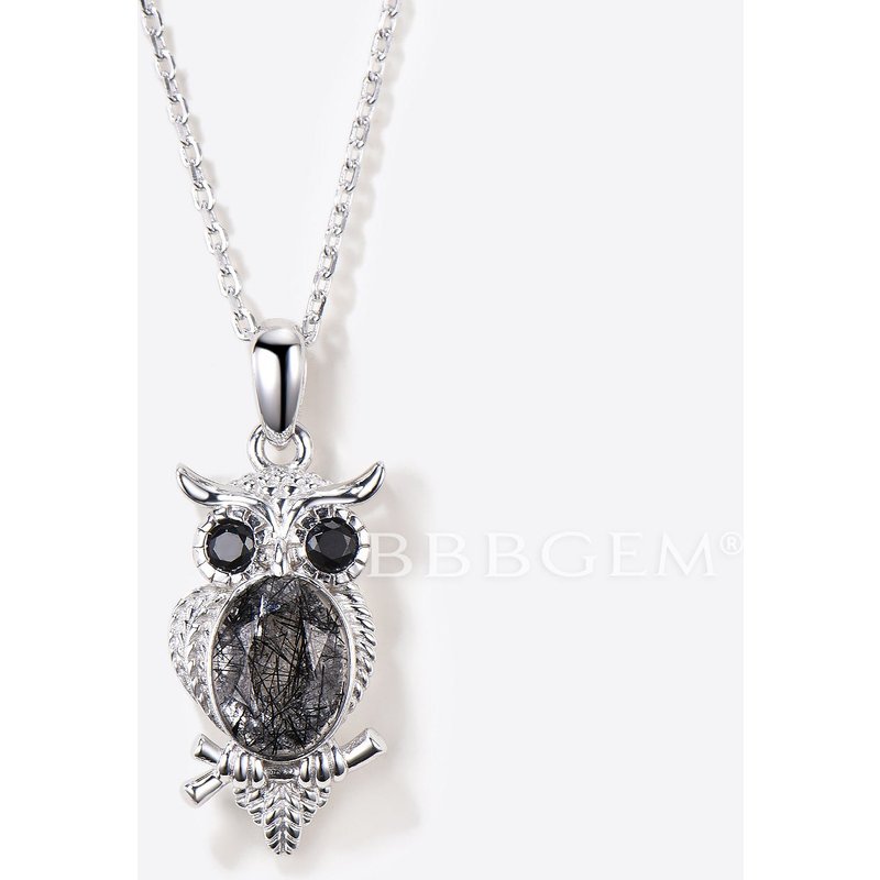 Oval Cut Natural Black Rutilated Quartz Pendant Owl Three Stone Necklace — Pendant Necklace