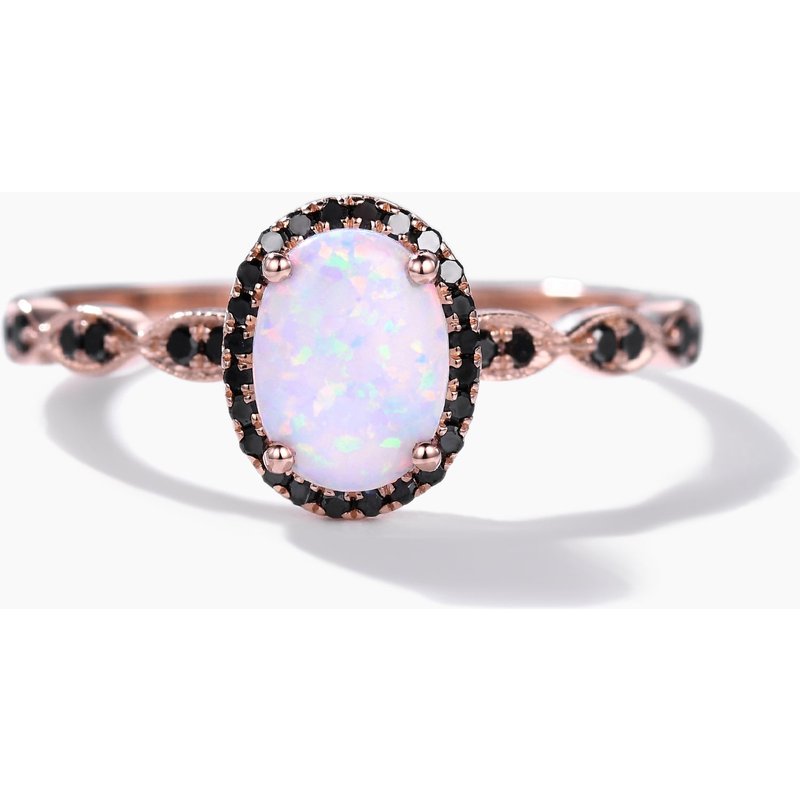 Unique Opal and Black Diamond Engagement Ring Rose Gold Art Deco Milgrain — Engagement Rings