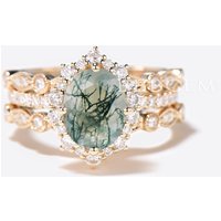 3pcs Oval Cut Natural Moss Agate Diamond Half Eternity Bridal Set Halo Engagement Ring