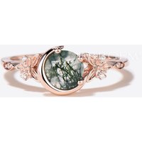 Celestial Moon Round Cut Genuine Moss Agate Diamond Ring — Stackable Rings