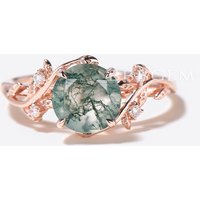 Twig Leaf Moss Agate Engagement Ring Diamond Nature Inspired Wedding Ring — Engagement Rings