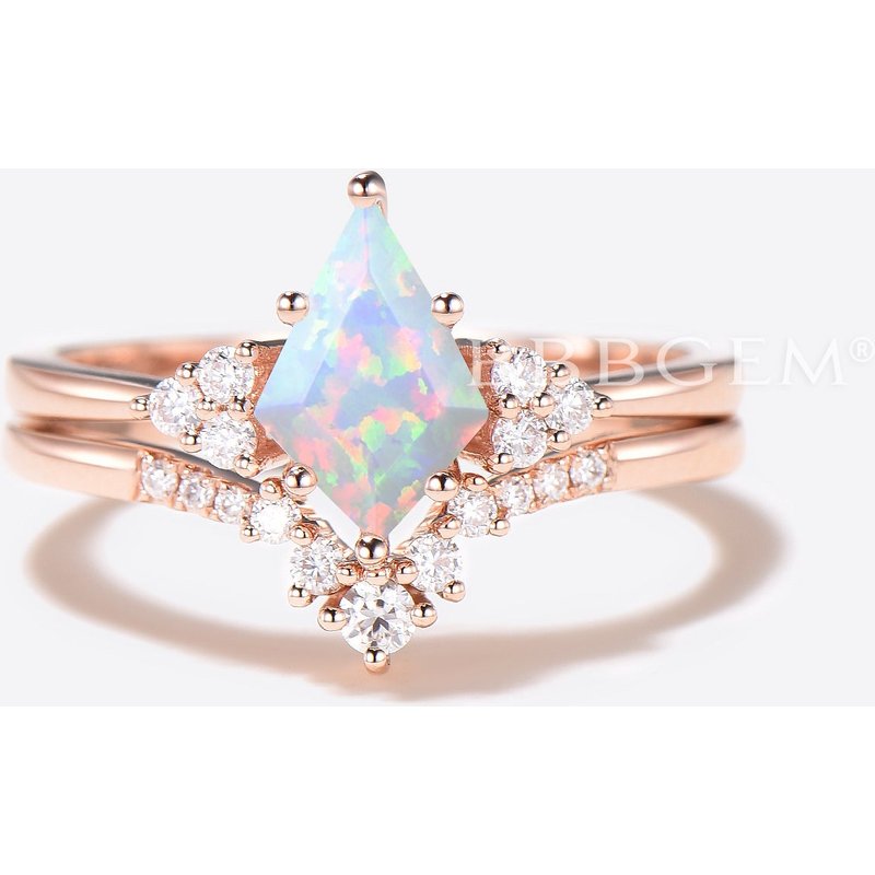 Kite Cut White Opal Engagement Ring Diamond Cluster Bridal Ring Set — Engagement Rings