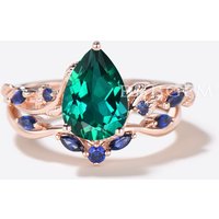 Teardrop Green Emerald Engagement Ring Nature Inspired Emerald Sapphire Bridal Ring