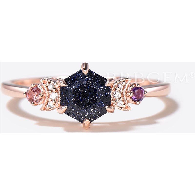 Hexagon Cut Blue Sandstone Engagement Ring Tourmaline Amethyst Cluster Ring — Engagement Rings