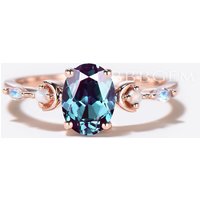Art Deco Oval Cut Alexandrite Engagement Ring Moonstone Wedding Ring