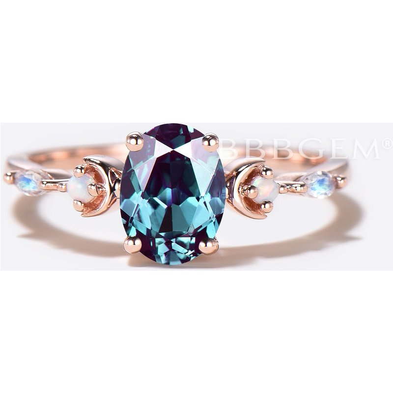 Art Deco Oval Cut Alexandrite Engagement Ring Moonstone Wedding Ring — Engagement Rings