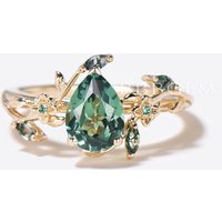 Pear Green Sapphire Engagement Ring Nature Inspired Moss Agate Wedding Ring
