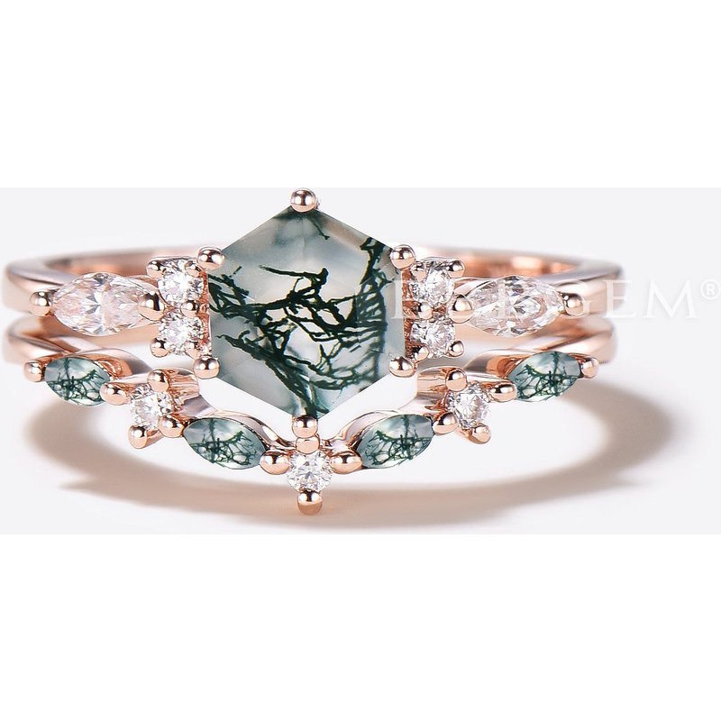 Hexagon Natural Moss Agate Engagement Ring Diamond Art Deco Ring Bridal Set — Engagement Rings