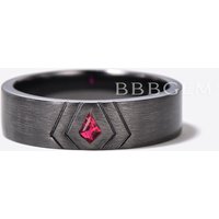 6mm Wide Black Gold Kite Cut Ruby Mens Wedding Band Brushed Ring — Wedding Jewelry