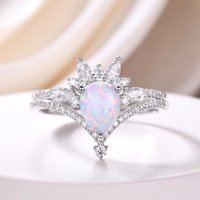 Ensemble de Bagues de Mariage Vintage en Opale en Or Blanc 14k avec Moissanite