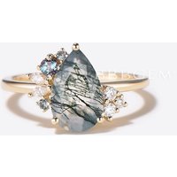 Pear Cut Natural Moss Agate Cluster Engagement Ring Alexandrite Diamond Ring