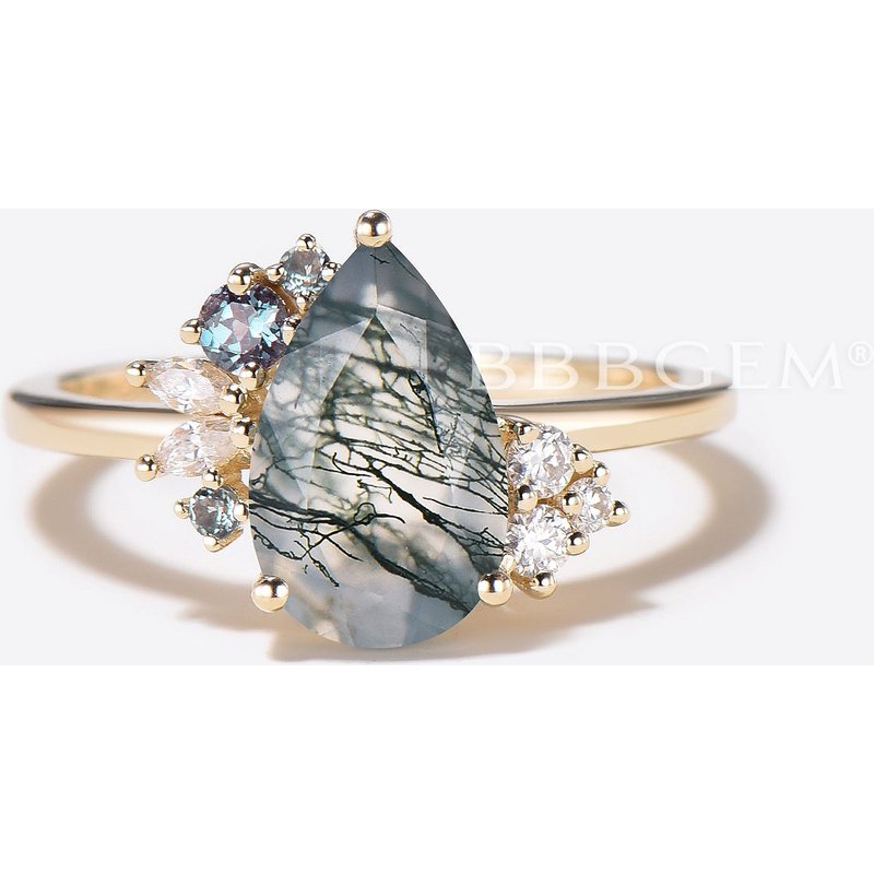 Pear Cut Natural Moss Agate Cluster Engagement Ring Alexandrite Diamond Ring — Engagement Rings