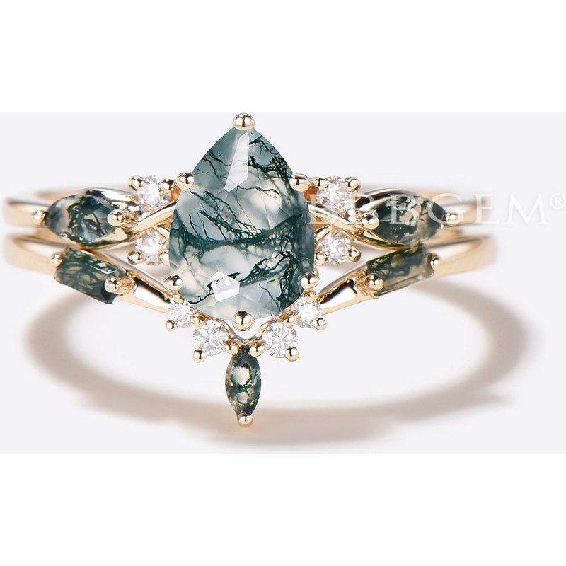 Pear Natural Moss Agate Engagement Ring 14k Gold Diamond Wedding Ring — Engagement Rings