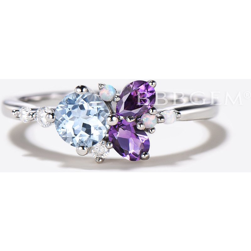 Bague de fiançailles en aquamarine naturelle ronde avec améthyste et opale