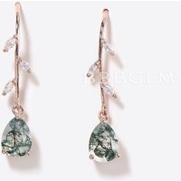 Pear Shaped Natural Moss Agate Drop Earrings Moissanite Dangle Earrings