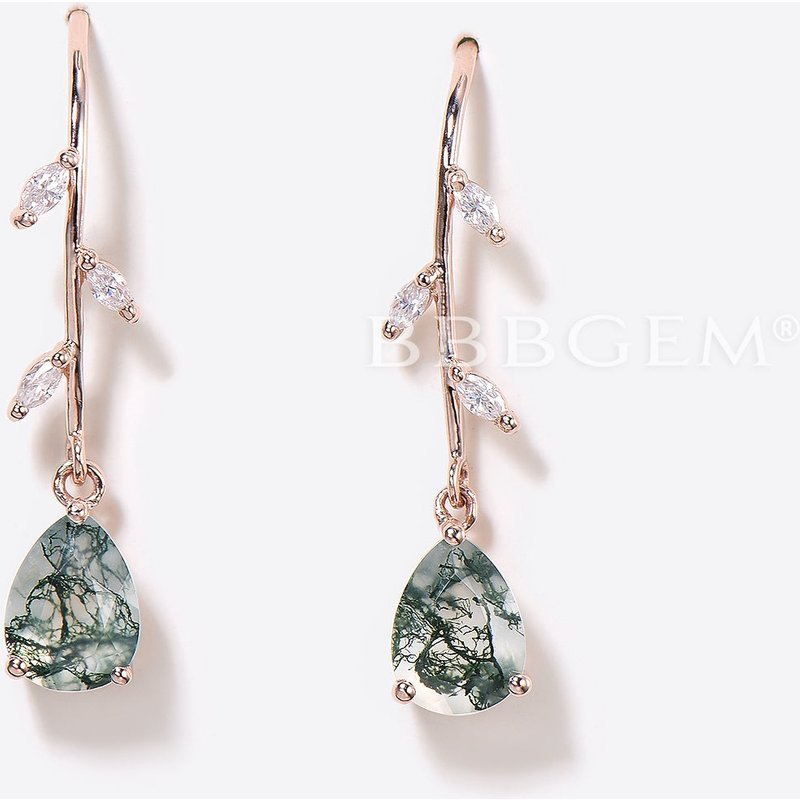 Boucles d'oreilles stud en agate mousse en forme de poire avec moissanite — Boucles D'oreilles