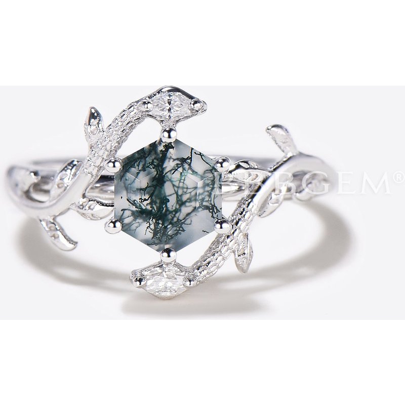 Bague de fiançailles Hexagone en Agate Mousse Double Serpent — Bagues de fiançailles
