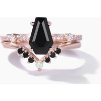 Bague de fiançailles en onyx noir avec ensemble de bagues empilables en opale
