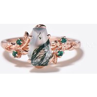 Bague de fiançailles en agate mousse en forme de cercueil Twig Leaf
