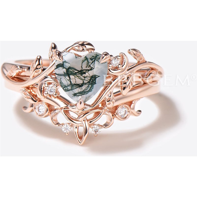 Ensemble de Bagues de Fiançailles en Agate Mousse en Forme de Coeur — Bagues de fiançailles