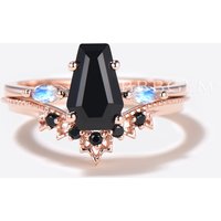 Natural Black Onyx Wedding Ring Gothic Vintage Coffin Ring Set — Wedding Jewelry