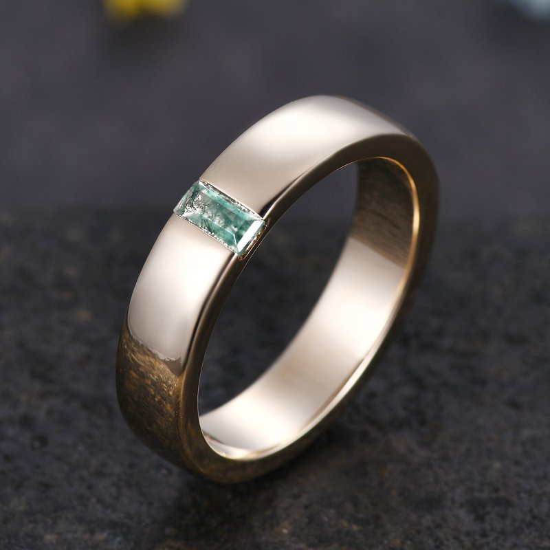 Unique Baguette Moss Agate Mens Yellow Gold Wedding Band 5mm — Wedding Jewelry