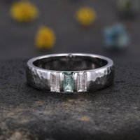 Mens Hammered White Gold Wedding Band 5mm Three Stone — Wedding Jewelry