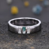 Mens Moss Agate White Gold Wedding Band Three Stone Baguette Cut 5mm — Wedding Jewelry