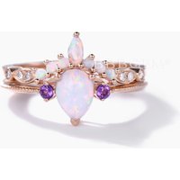 Ensemble de Bagues de Fiançailles en Opale Poire en Or Rose avec Améthystes