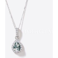 Teardrop Green Moss Agate Pendant Diamond Halo Necklace Charm Necklace