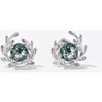 Boucles d'oreilles puces en agate mousse naturelle ronde en or blanc 14k