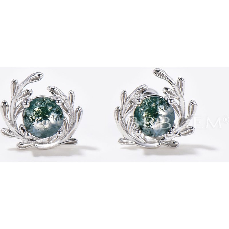 Round Natural Moss Agate Leaf Stud Earrings 14k White Gold Boho Earrings — Stud Earrings